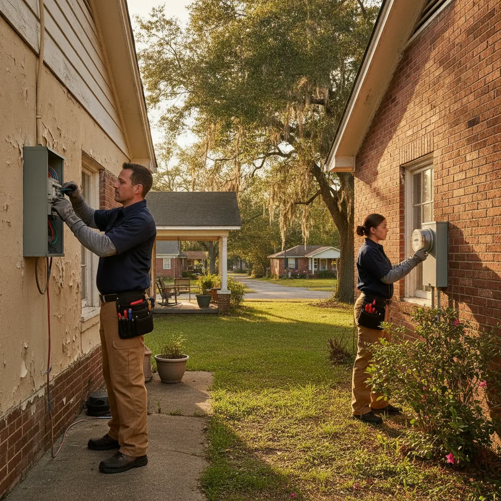Electrician troubleshooting a home electrical panel at a residential property in McComb Mississippi